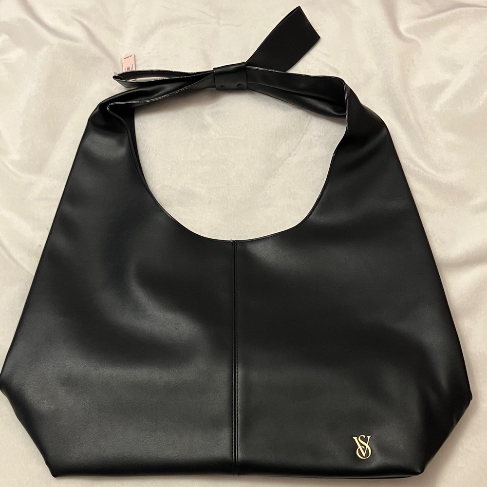 NWT Victoria Secret Black Faux Leather Tote with Bow Handle